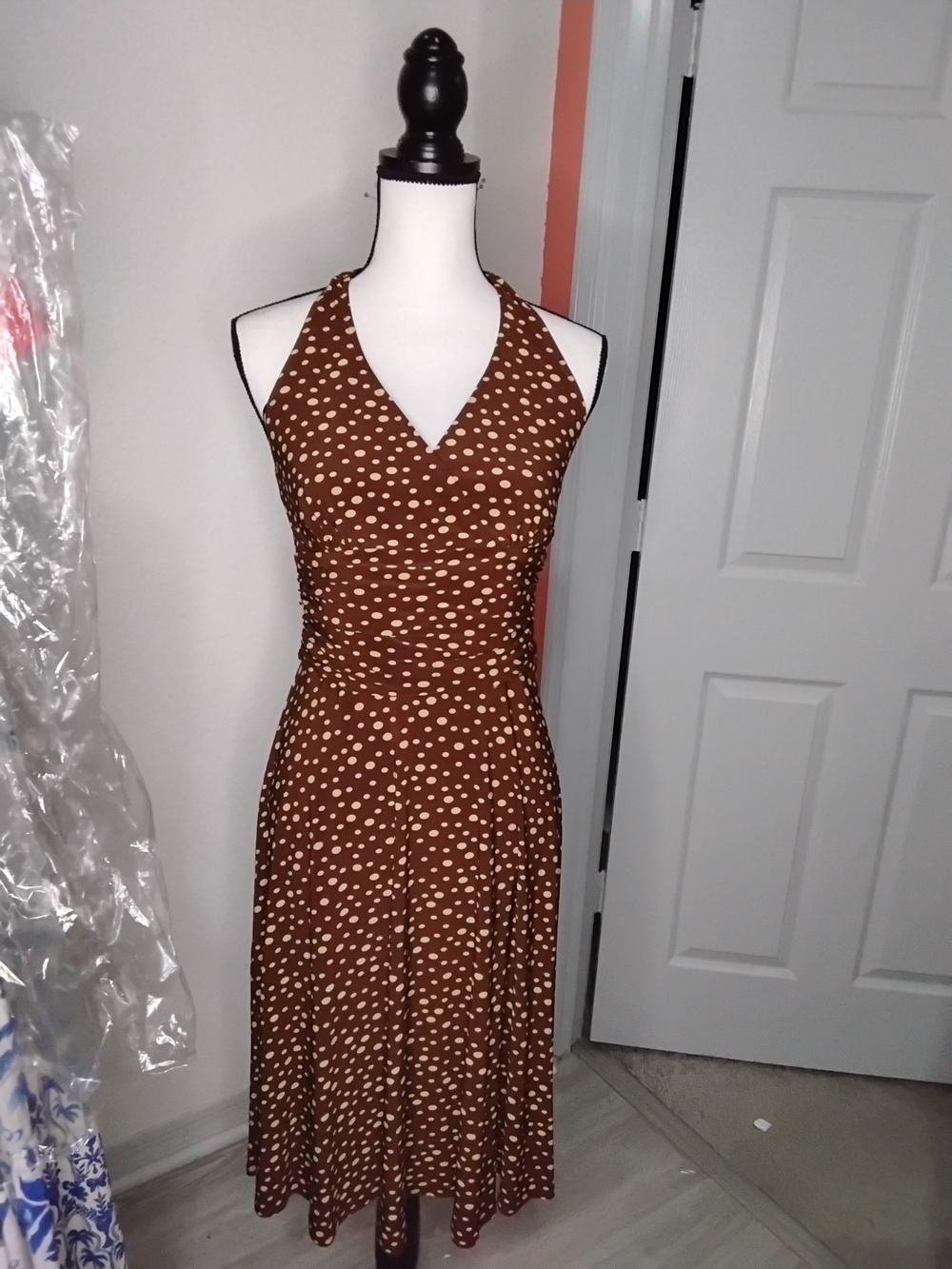 Evan Picone Brown Polka Dot Halter Midi Dress